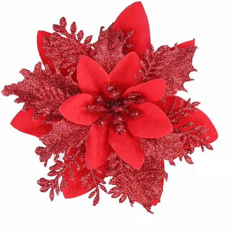 14cm Christmas Glitter Poinsettia Flower Ornaments – Gold, Red, Silver & Mixed Colors | Holiday Tree & Home Decoration