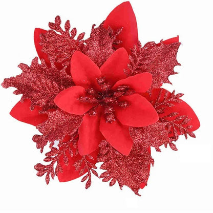 14cm Christmas Glitter Poinsettia Flower Ornaments – Gold, Red, Silver & Mixed Colors | Holiday Tree & Home Decoration