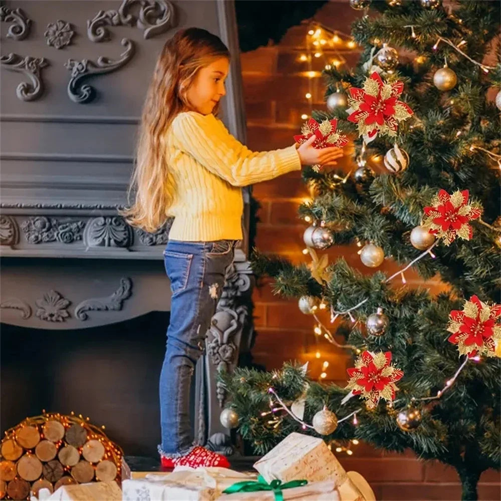 14cm Christmas Glitter Poinsettia Flower Ornaments – Gold, Red, Silver & Mixed Colors | Holiday Tree & Home Decoration