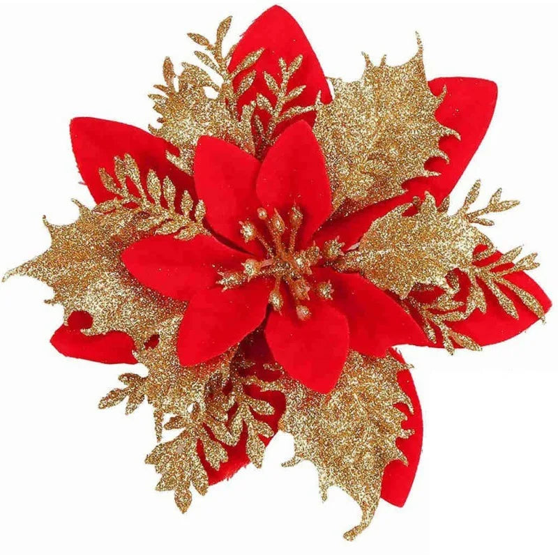14cm Christmas Glitter Poinsettia Flower Ornaments – Gold, Red, Silver & Mixed Colors | Holiday Tree & Home Decoration