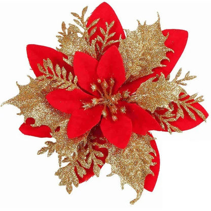 14cm Christmas Glitter Poinsettia Flower Ornaments – Gold, Red, Silver & Mixed Colors | Holiday Tree & Home Decoration