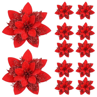 Glitter Artificial Flowers for Christmas Tree, Christmas Ornaments,Pink,Red,Gold, Xmas Decoration for Home, 14.5cm