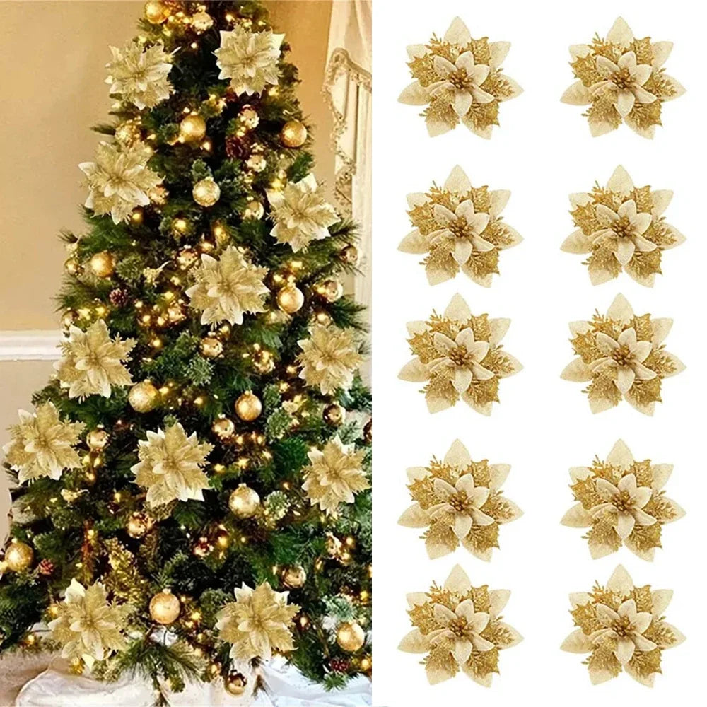14cm Christmas Glitter Poinsettia Flower Ornaments – Gold, Red, Silver & Mixed Colors | Holiday Tree & Home Decoration
