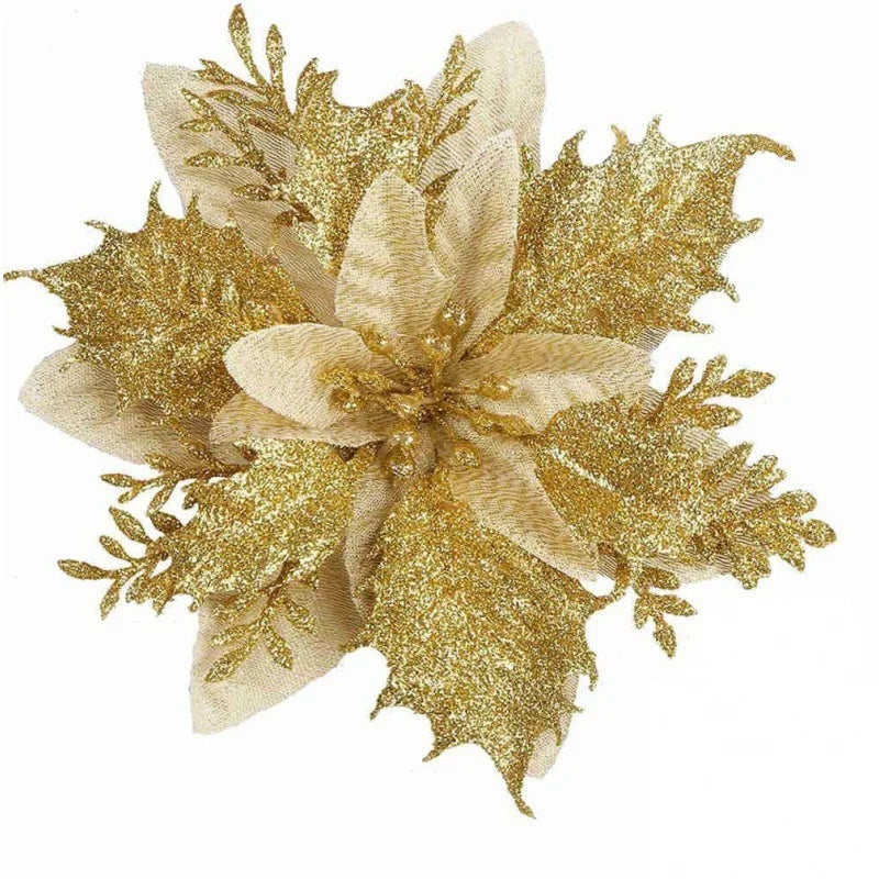 14cm Christmas Glitter Poinsettia Flower Ornaments – Gold, Red, Silver & Mixed Colors | Holiday Tree & Home Decoration