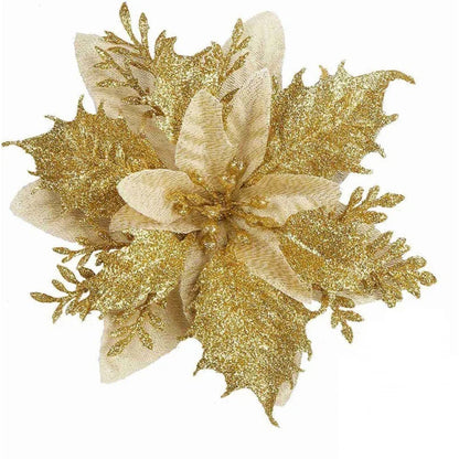 14cm Christmas Glitter Poinsettia Flower Ornaments – Gold, Red, Silver & Mixed Colors | Holiday Tree & Home Decoration