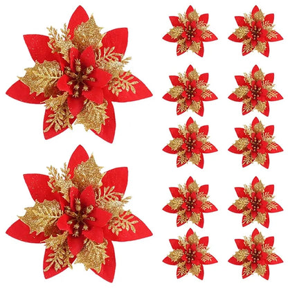 Glitter Artificial Flowers for Christmas Tree, Christmas Ornaments,Pink,Red,Gold, Xmas Decoration for Home, 14.5cm