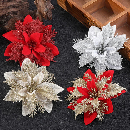 14cm Christmas Glitter Poinsettia Flower Ornaments – Gold, Red, Silver & Mixed Colors | Holiday Tree & Home Decoration